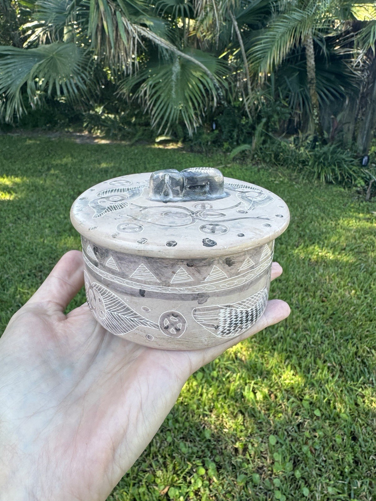 Vintage Hand Carved Soapstone PaintedTrinket Box With Animal Lid Handle.