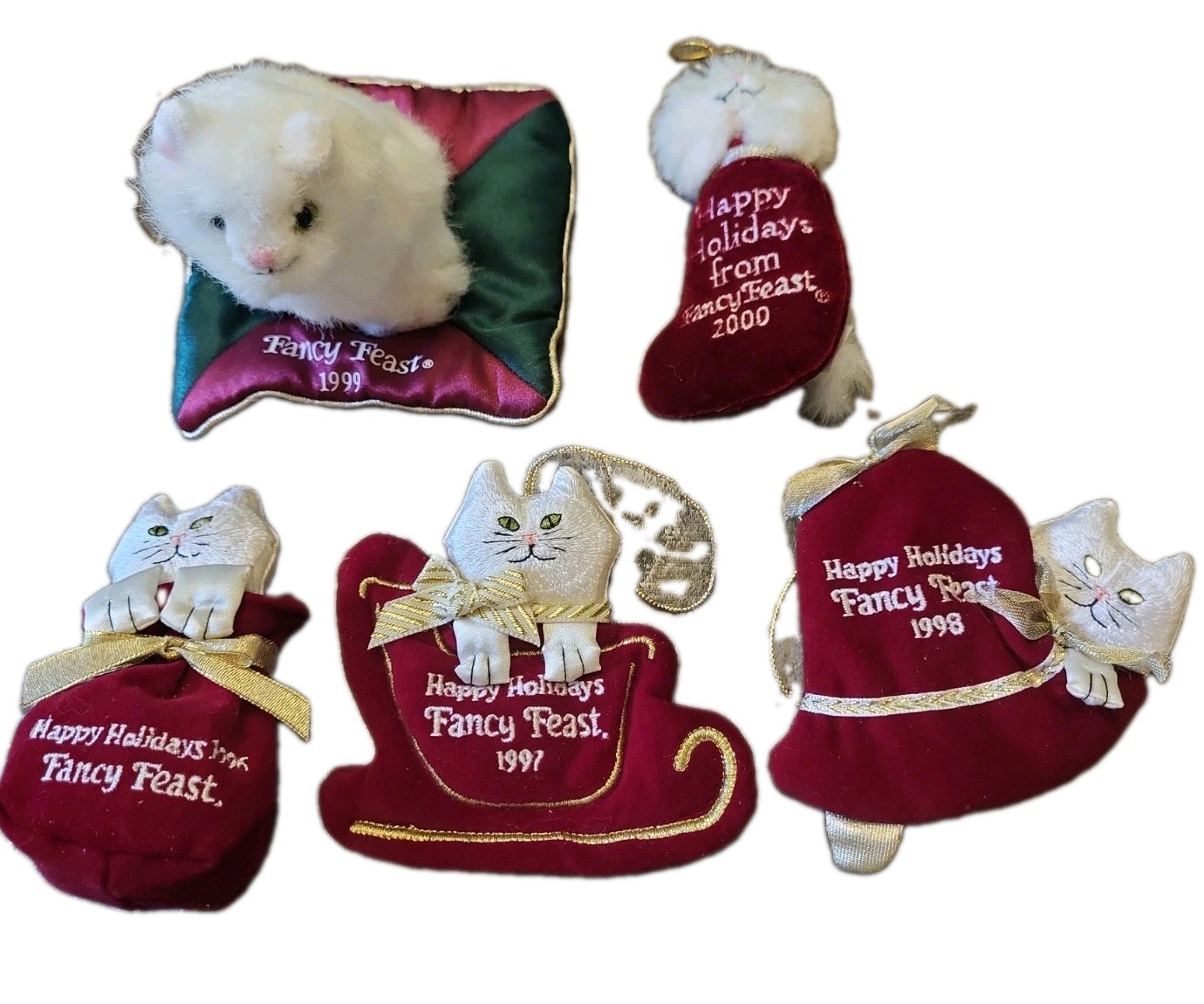 Vintage Fancy Feast Cat Christmas Ornament Lot 5 90s White Cat Kitten 1996-2000