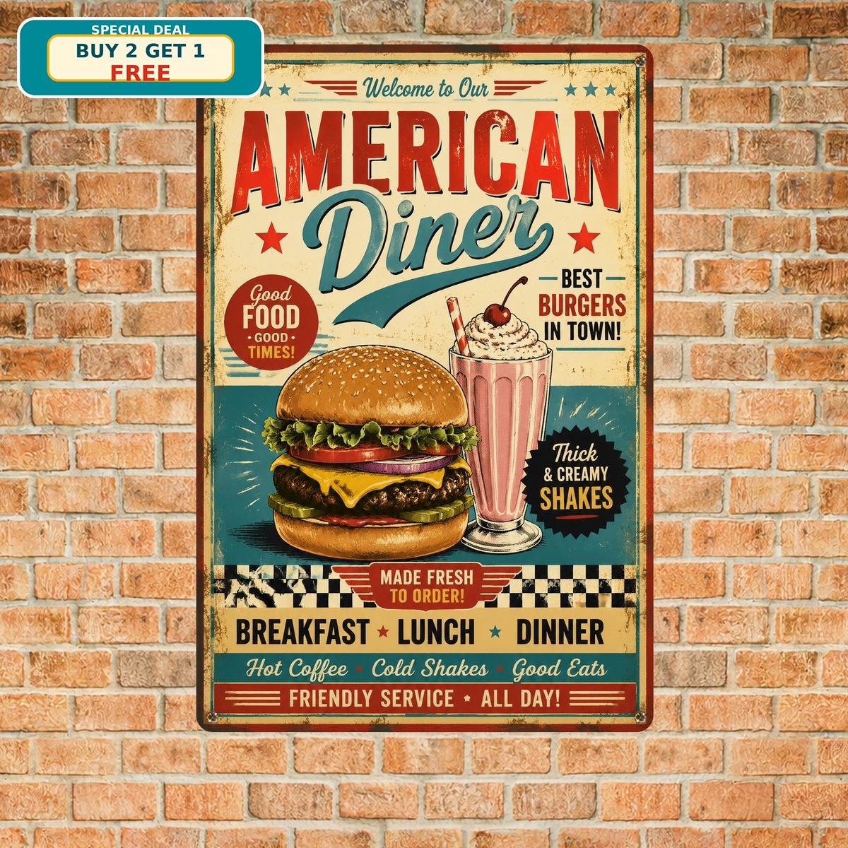 American Diner Shakes Hamburgers Restaurant Metal Tin Sign