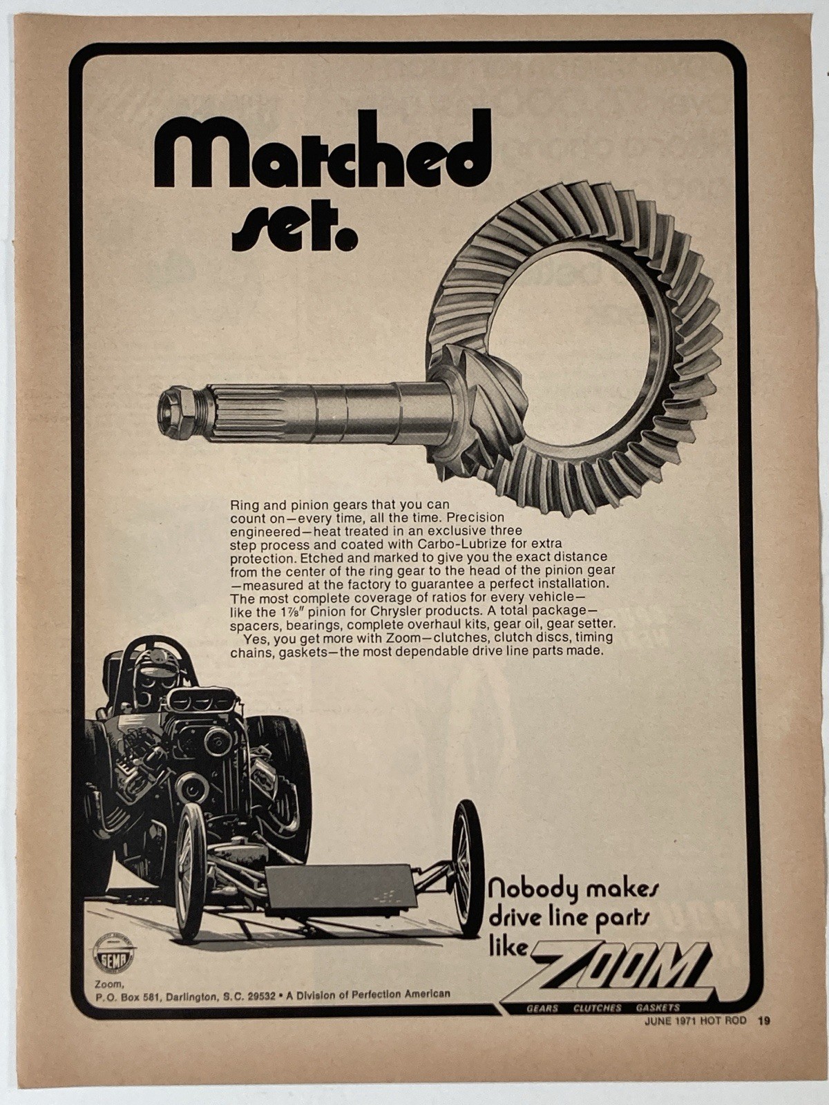 1971 Zoom High Performance Parts Print Ad Drive Line Ring Pinion
