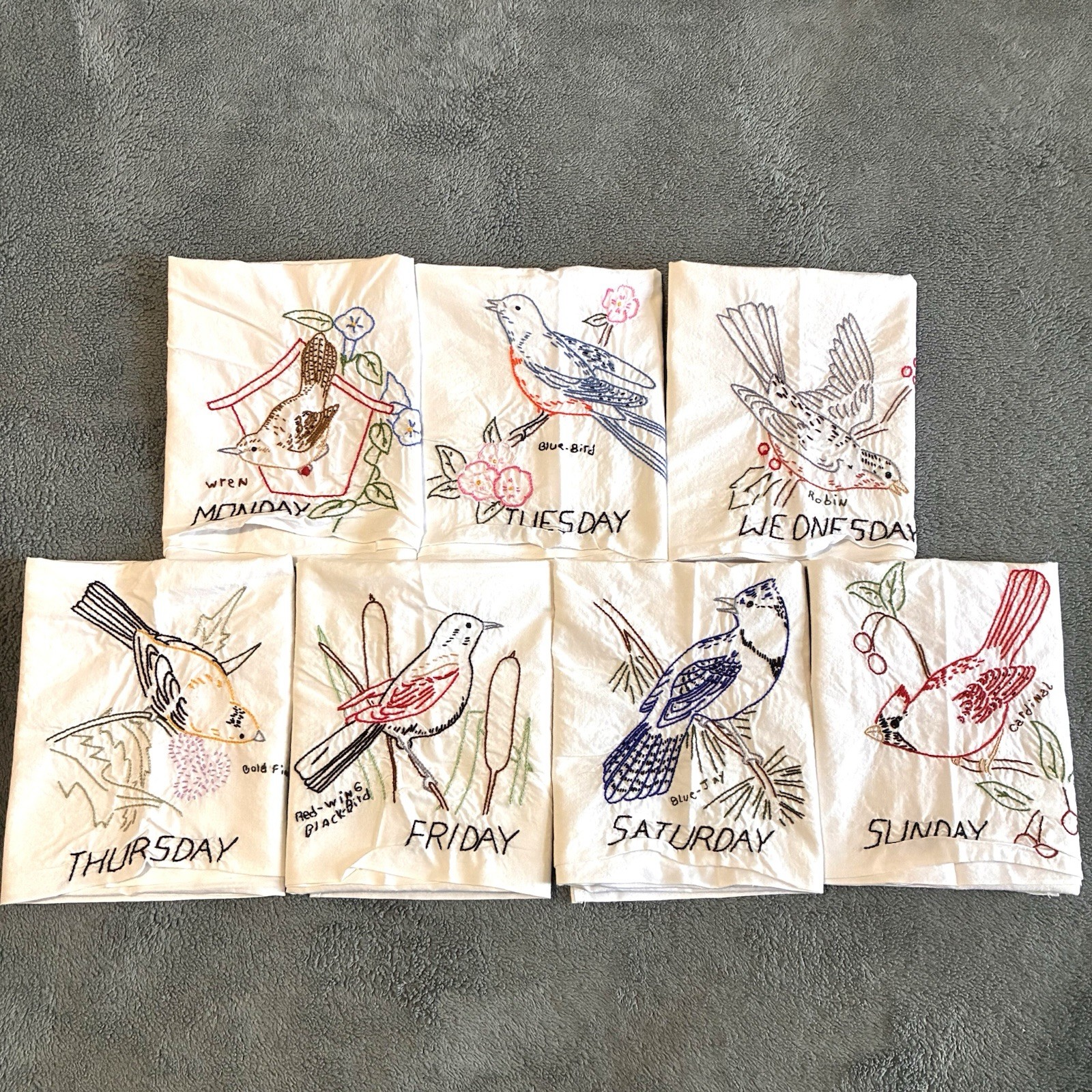 Vintage Embroidered Kitchen Tea Towels Song Birds 7 Days Of The Week Cardinal