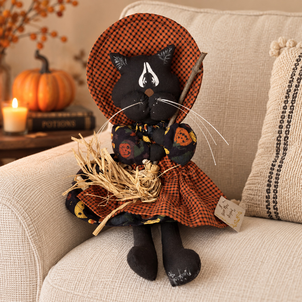 VTG 1996 Diana Lynn Original Halloween Black Cat Witch Folk Art Doll 15\