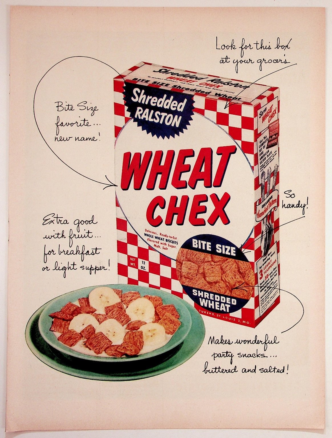 Vintage 1950s Shredded Ralston Wheat Chex Cereal Print Ad St. Louis MO
