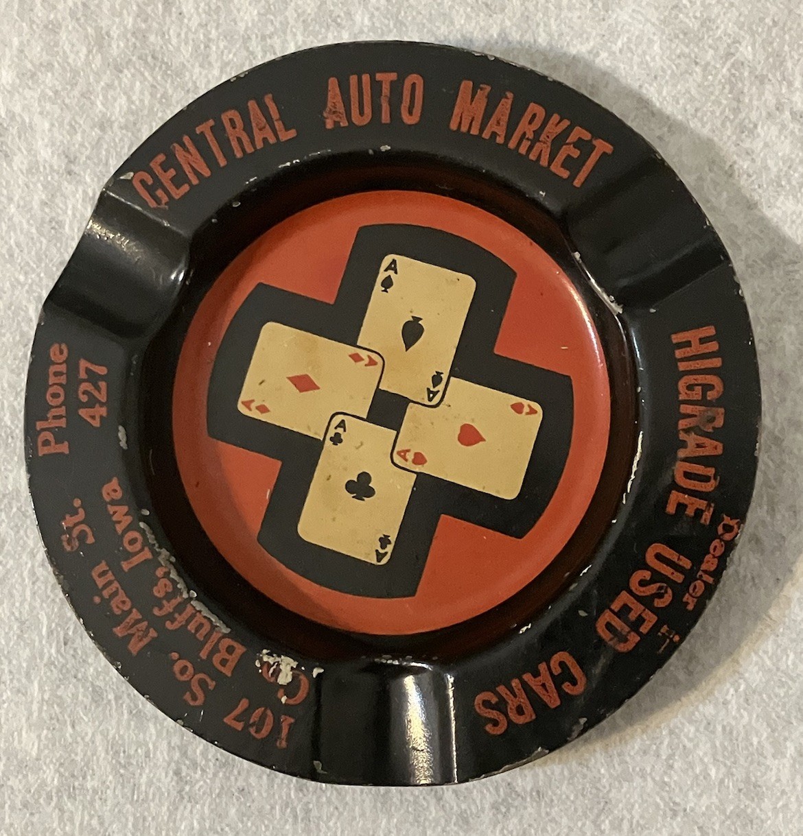 rare CENTRAL AUTO MARKET-Council Bluffs,Iowa advertising Metal Ashtray