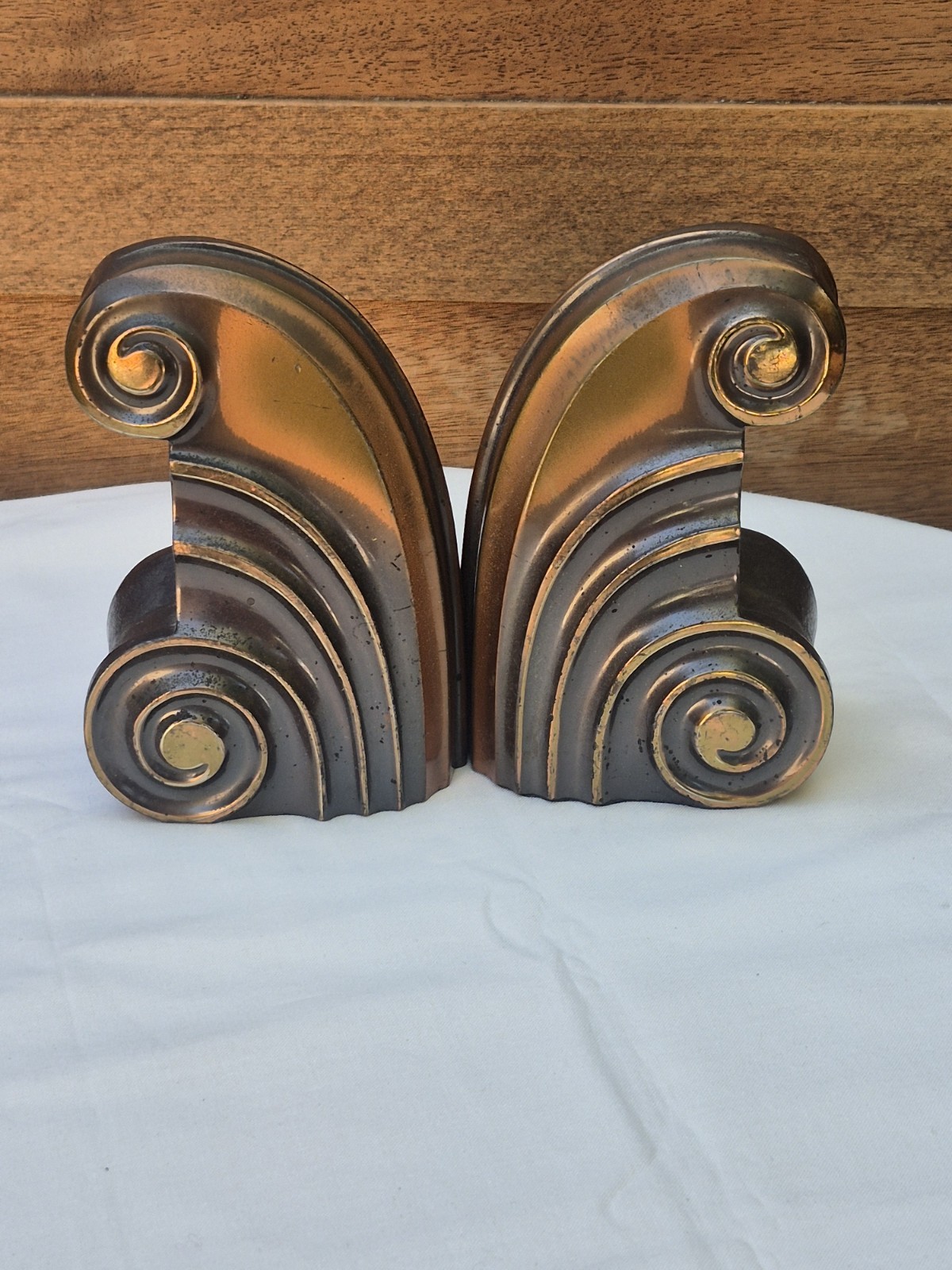 Vintage 1930s Art Deco Machine Age Scroll Bookends Pair Bronzed Cast Metal