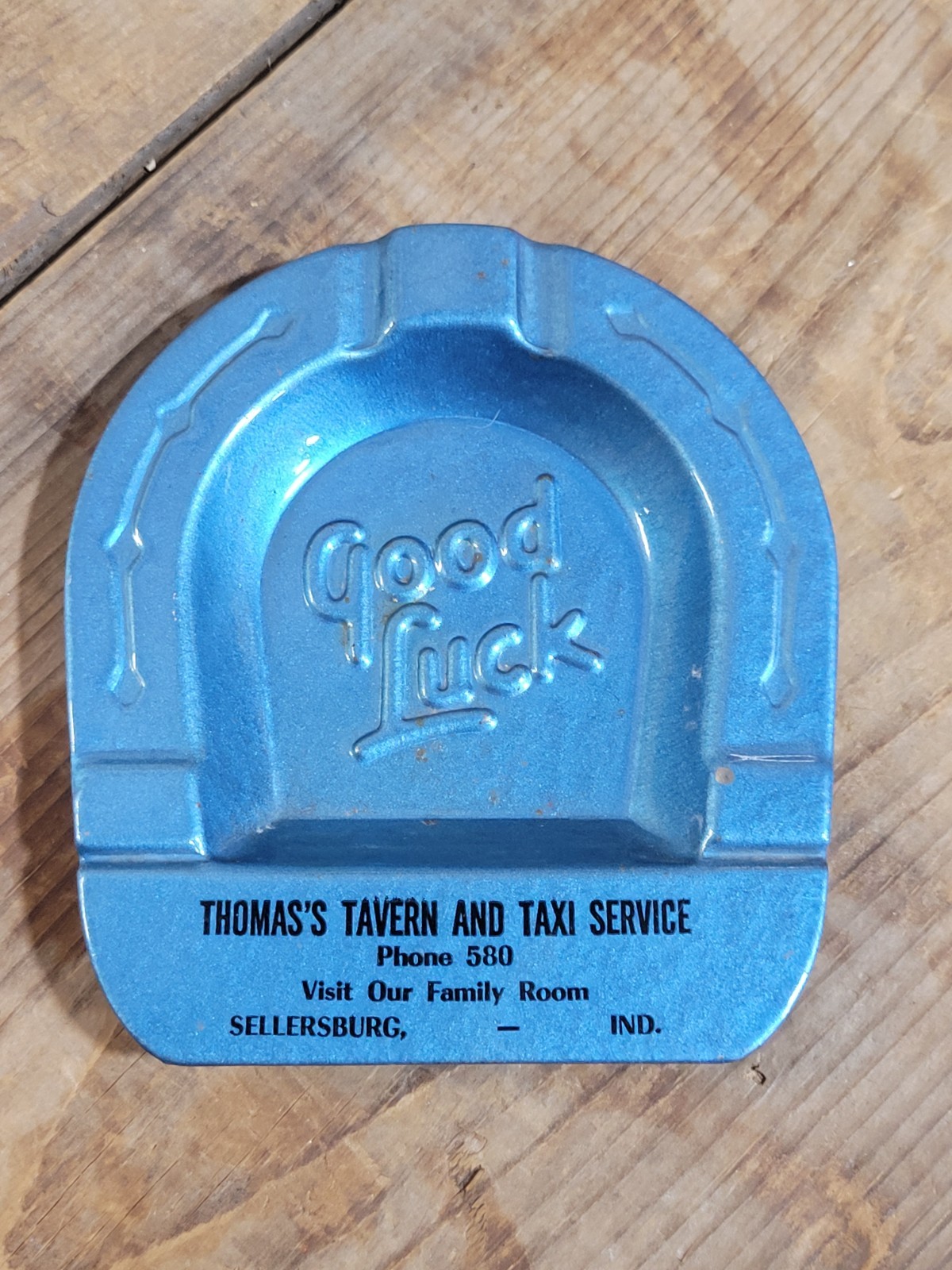 Vintage 50s Sellersburg Indiana Metal Ashtray Thomas’s Tavern Taxi Good Luck IN