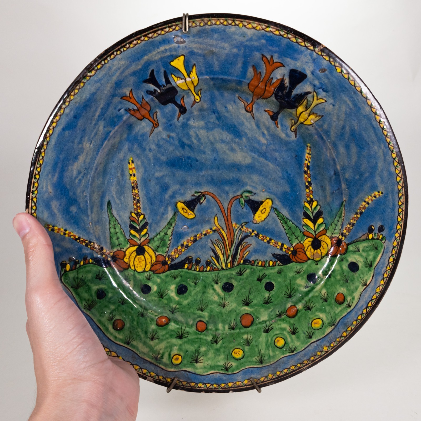 c. 1920's/30's Tlaquepaque Mexican Blue Pottery attr. Balbino Lucano Birds Plate