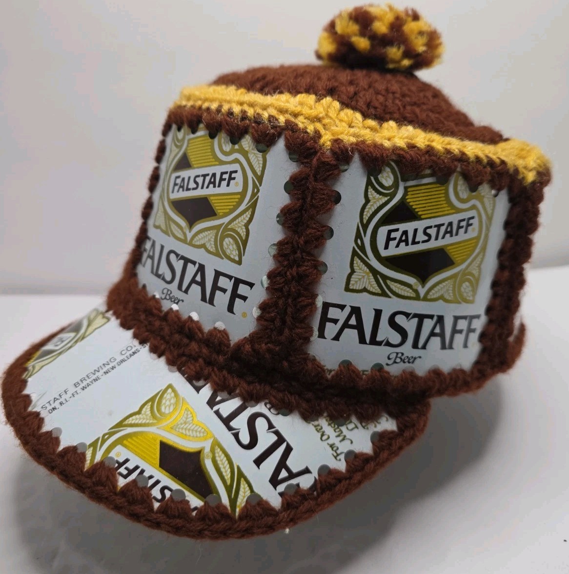 Vintage 1970s Falstaff Beer Can Crochet Hat Cap Retro Breweriana Party Bonnet
