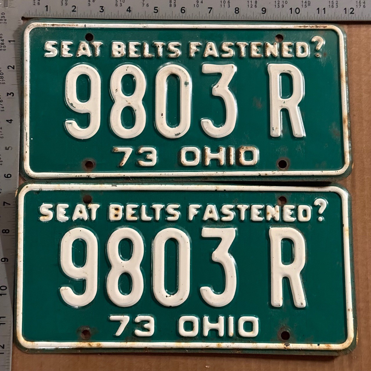 1973 Ohio license plate pair 9803 R YOM DMV Ford Chevy Dodge 23824