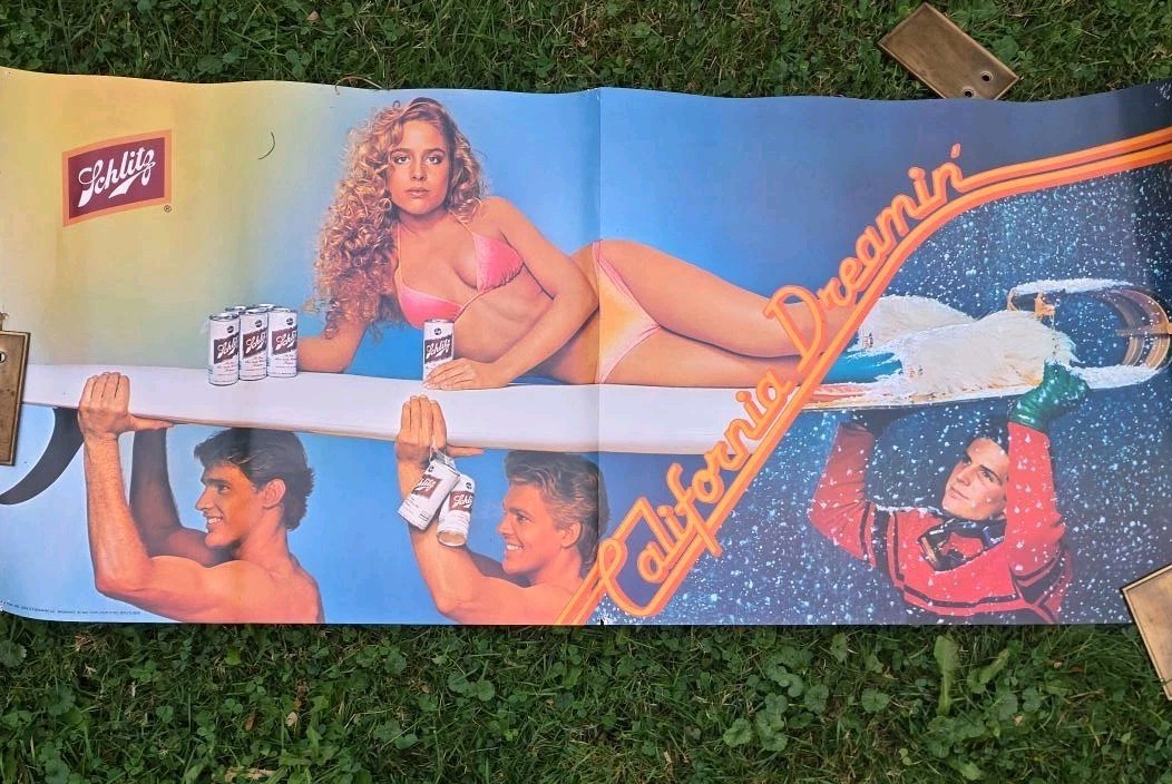 Vintage 1982 Schlitz Beer California Dreamin Poster 40x18 Bikini Surf Breweriana