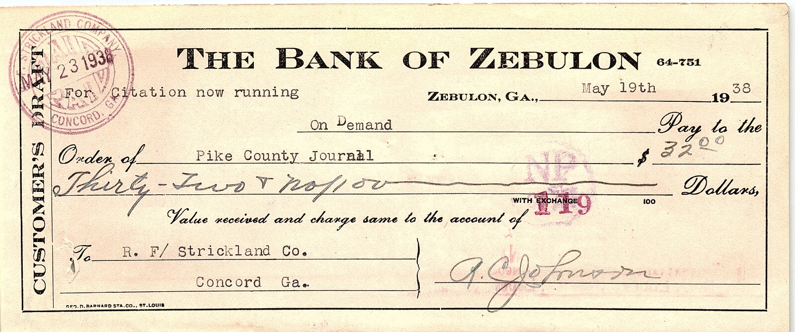 1938 ZEBULON GA BANK OF ZEBULON R.F. STRICKLAND BANK DRAFT CHECK Z6305