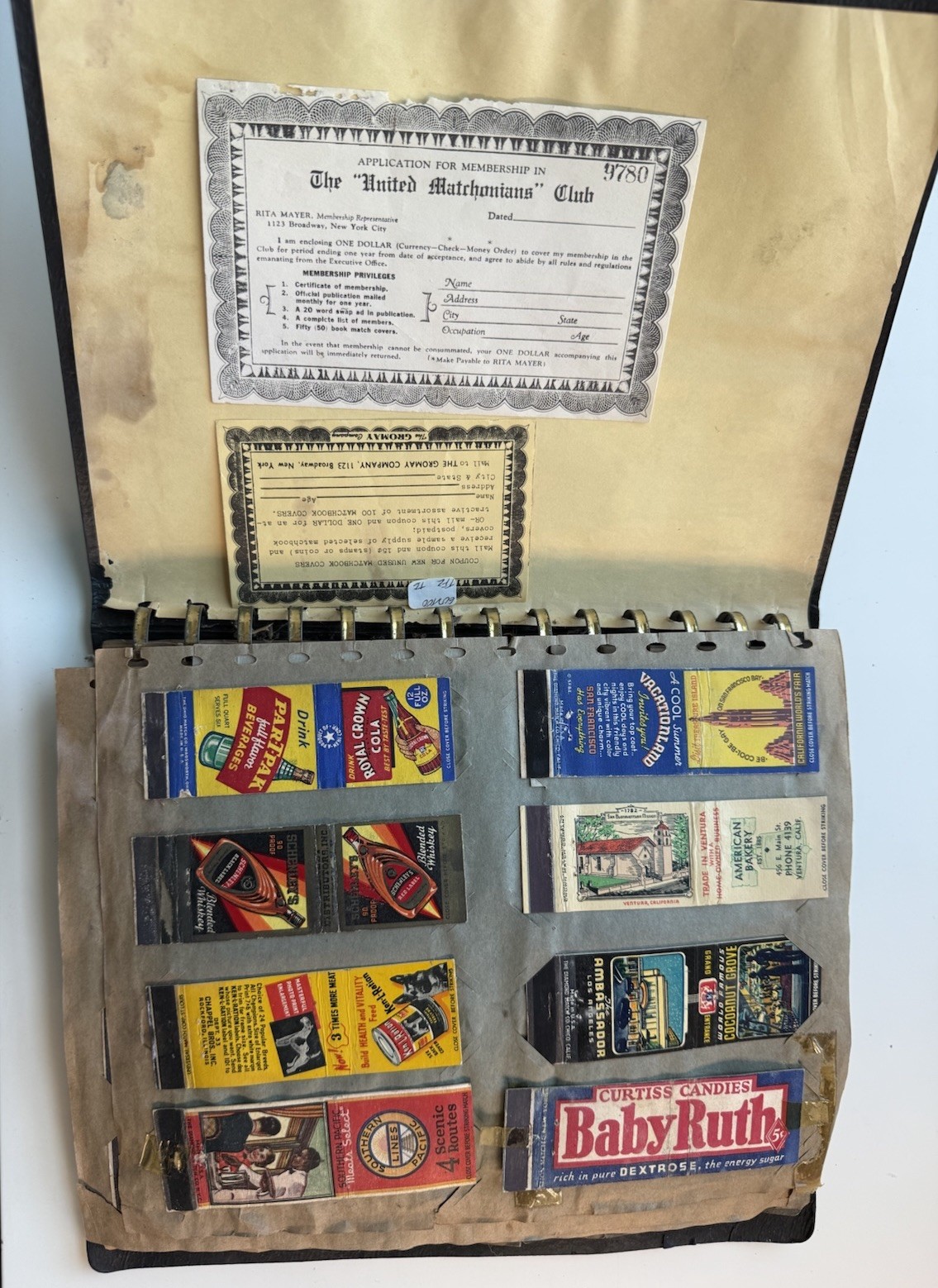 Vintage +120 Matchbook Cover Album 1930s 40s Advertising California Hotels RARE