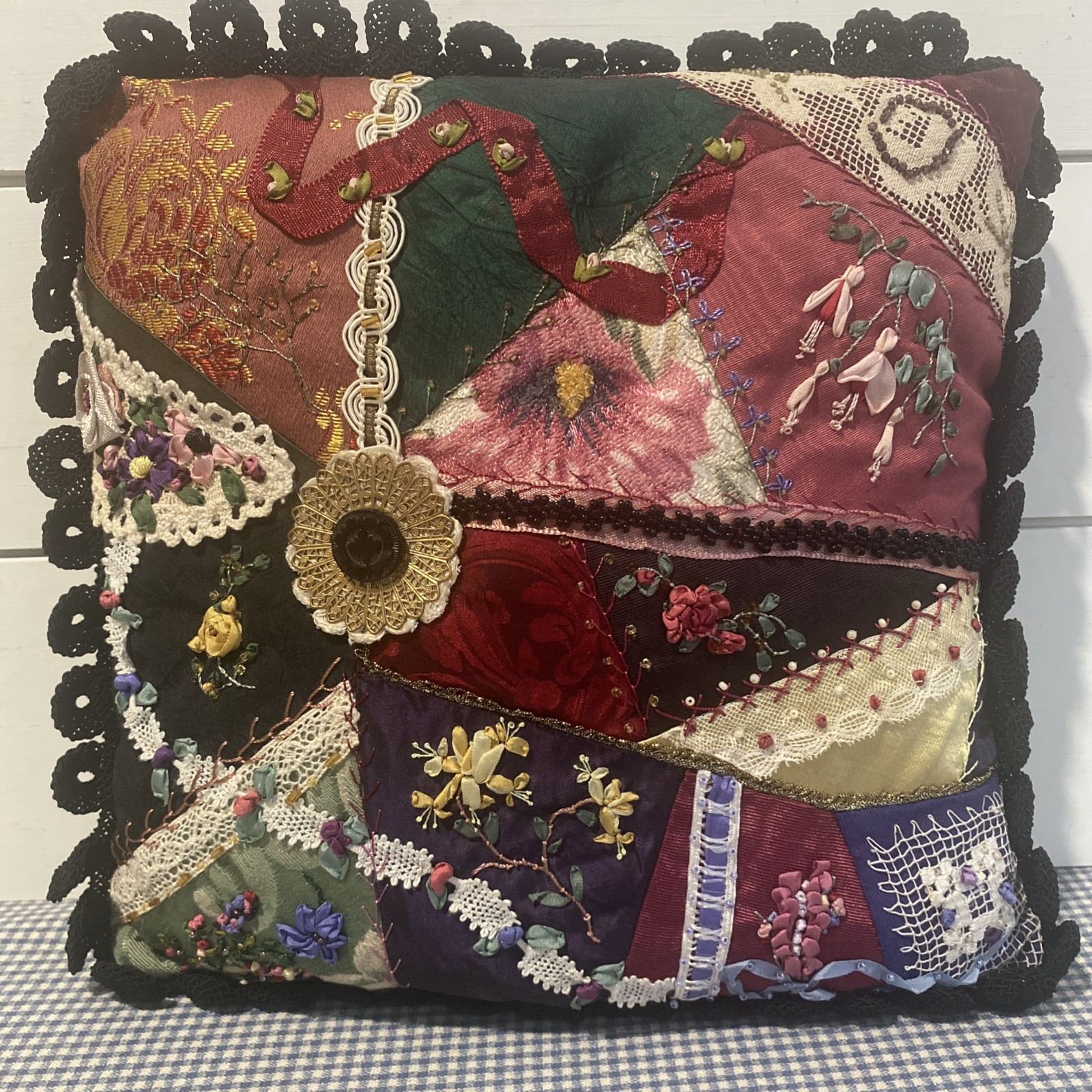 Vintage crazy quilt throw pillow, embroidered floral, handmade 10 X 10