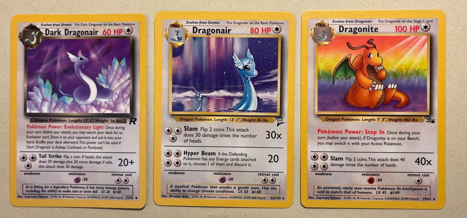MINTY LOT Dragonite 19/62, Dragonair 22/130, Dark33/82, Fossil 1999-2000 Wizards