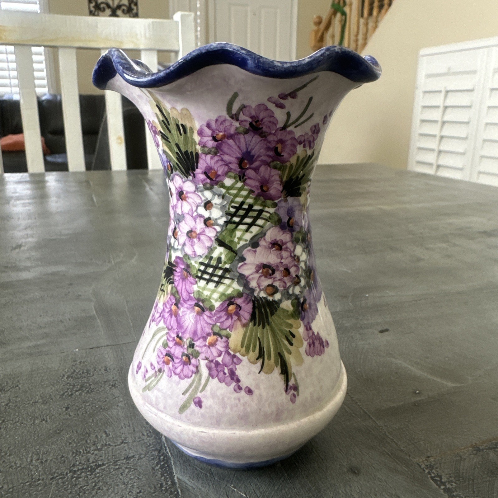 Vintage 5.75” Vase Handmade/Painted  Purple Flowers from Greece