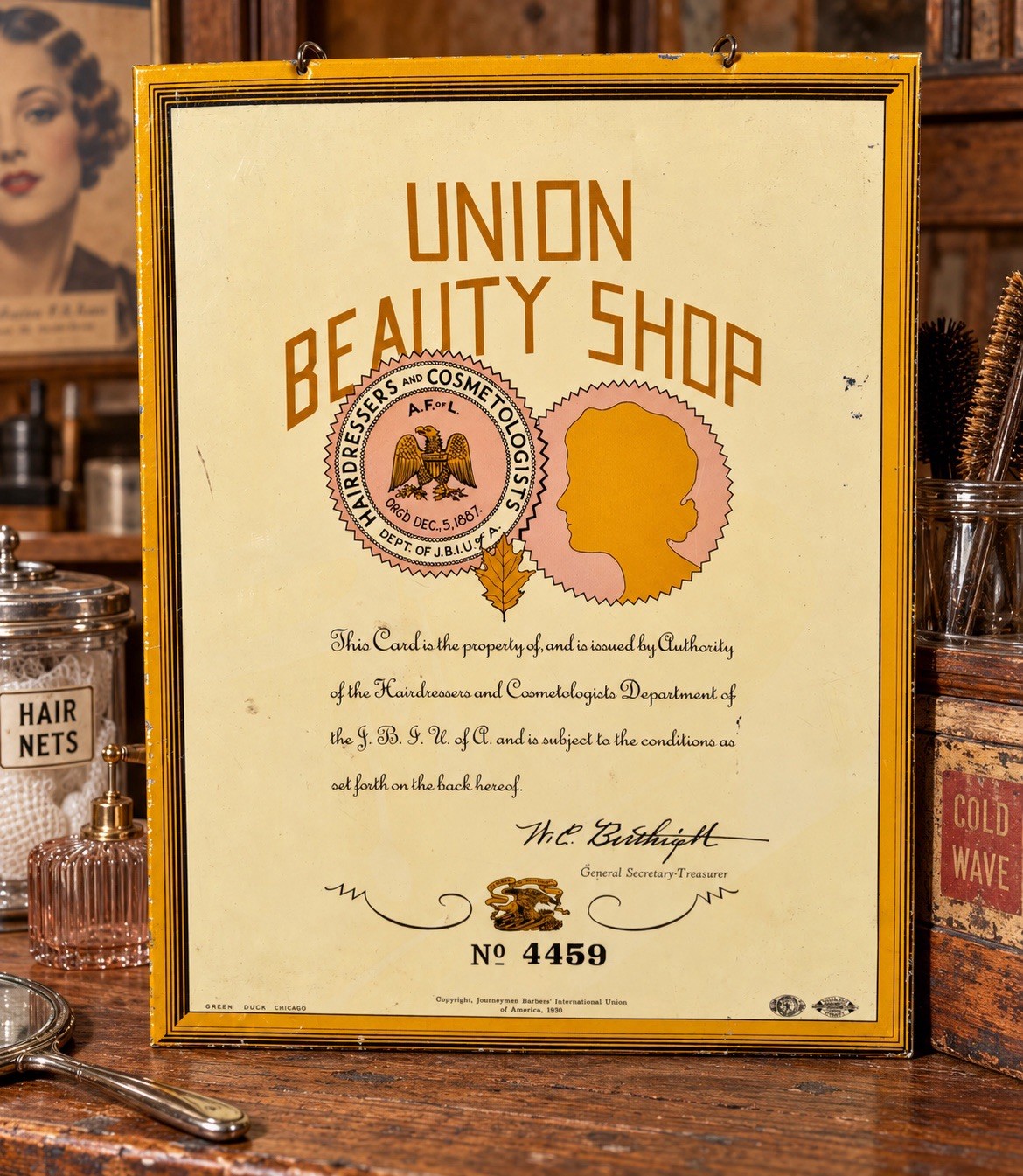 vintage Union Beauty Shop display card Sign Hairdressers and Cosmetologists Rare