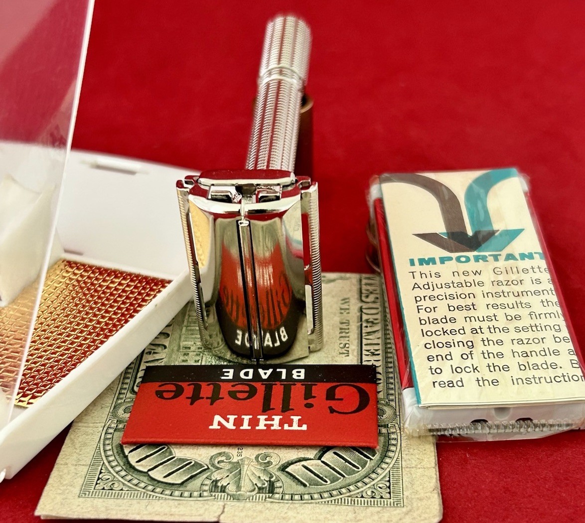 Vtg 1963 GILLETTE Slim Adjustable Razor Complete Kit, Kin 2 Fat Boy OUTSTANDING