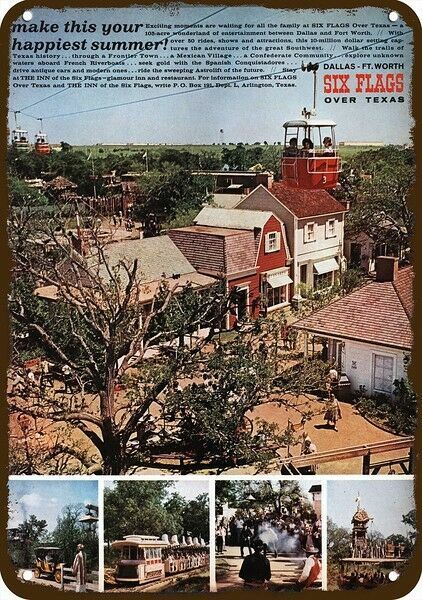 1961 SIX FLAGS OVER TEXAS Amusement Park Vntg-Look DECORATIVE REPLICA METAL SIGN