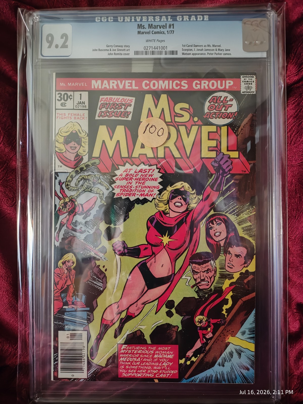 Ms. Marvel #1 CGC 9.2 White Pages 1st Carol Danvers Bronze Age Marvel 1977