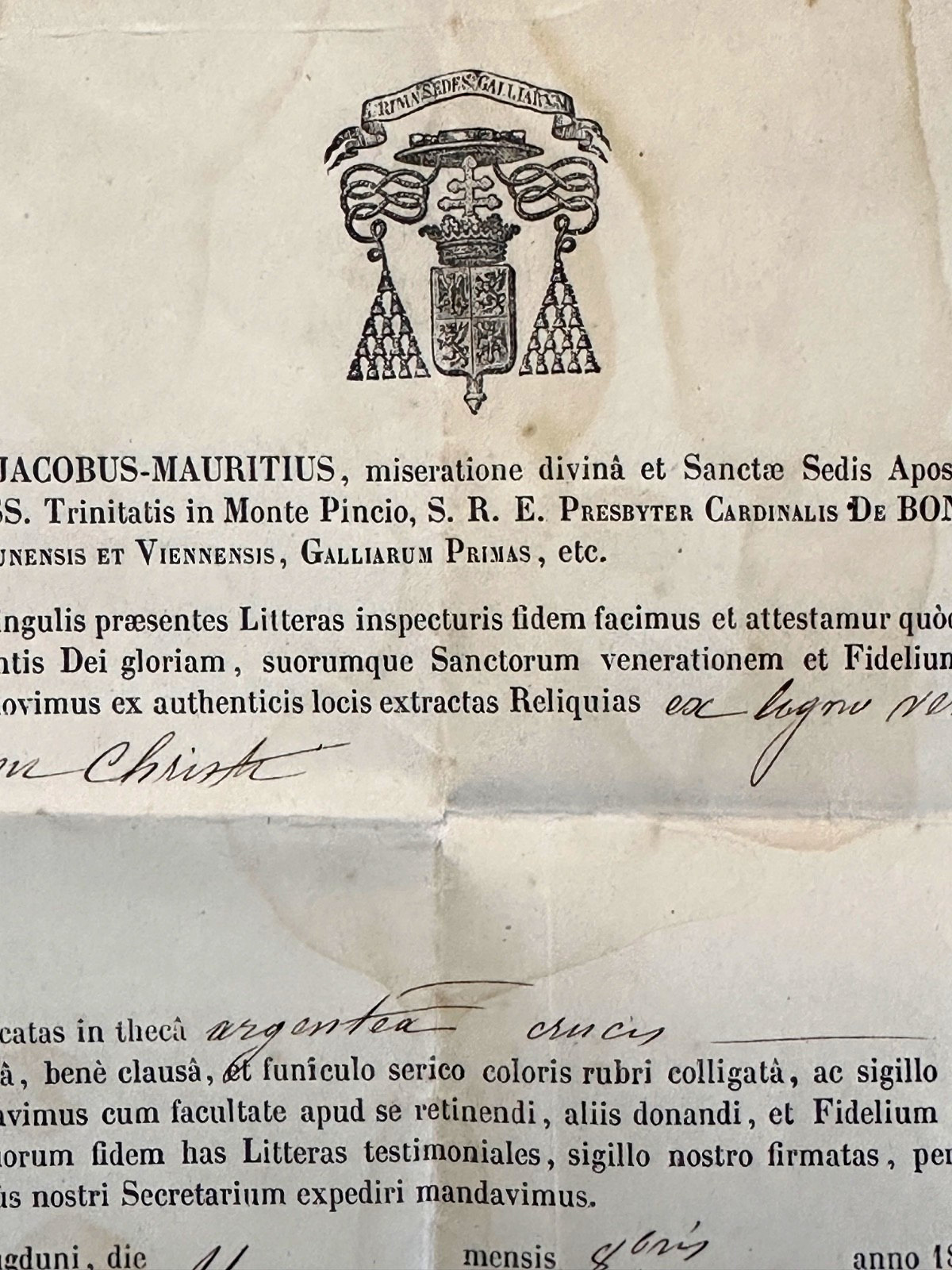 Rare Authentic/Certificate Of Relic True Cross Archdiocese de Lyon 1865