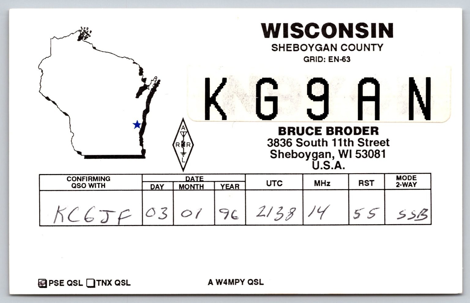 1996 Wisconsin Sheboygan County QSL Card KG9AN Bruce Broder Ham Radio A12