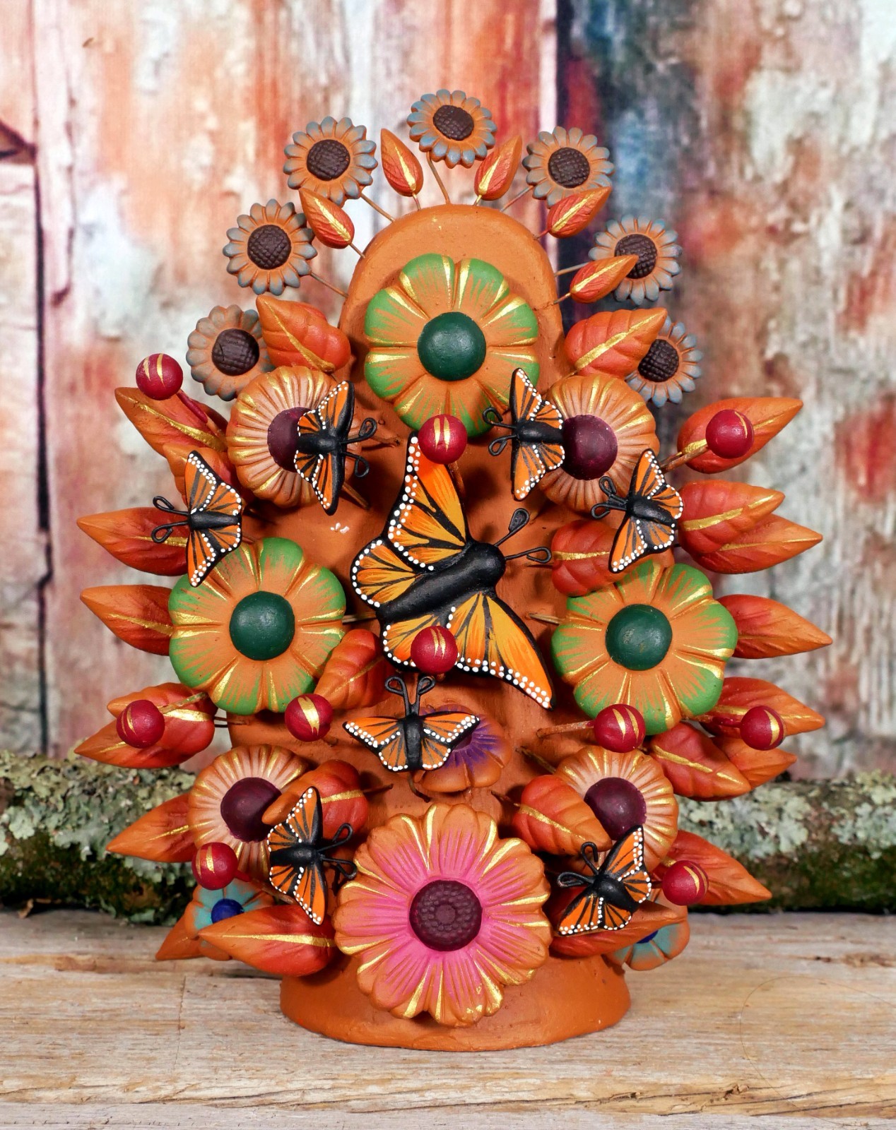 Handmade Tree of Life Monarch Butterfly Flowers Clay Mexico Folk Art Earth Tones