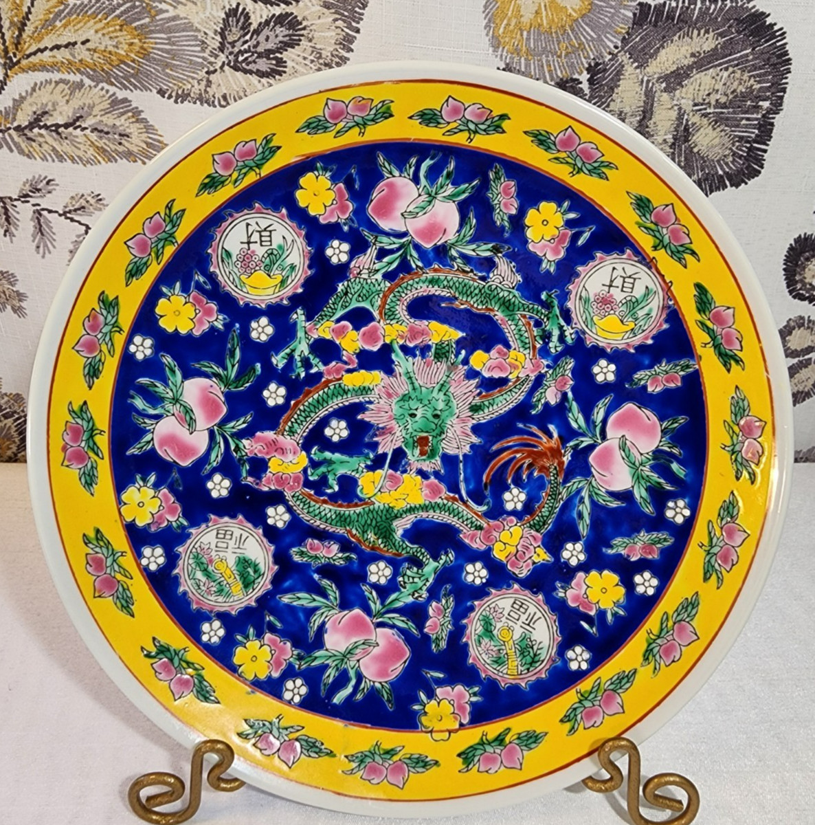 Vintage Chinese Porcelain Dragon Peach Plate Yellow Blue Qianlong Mark Decor