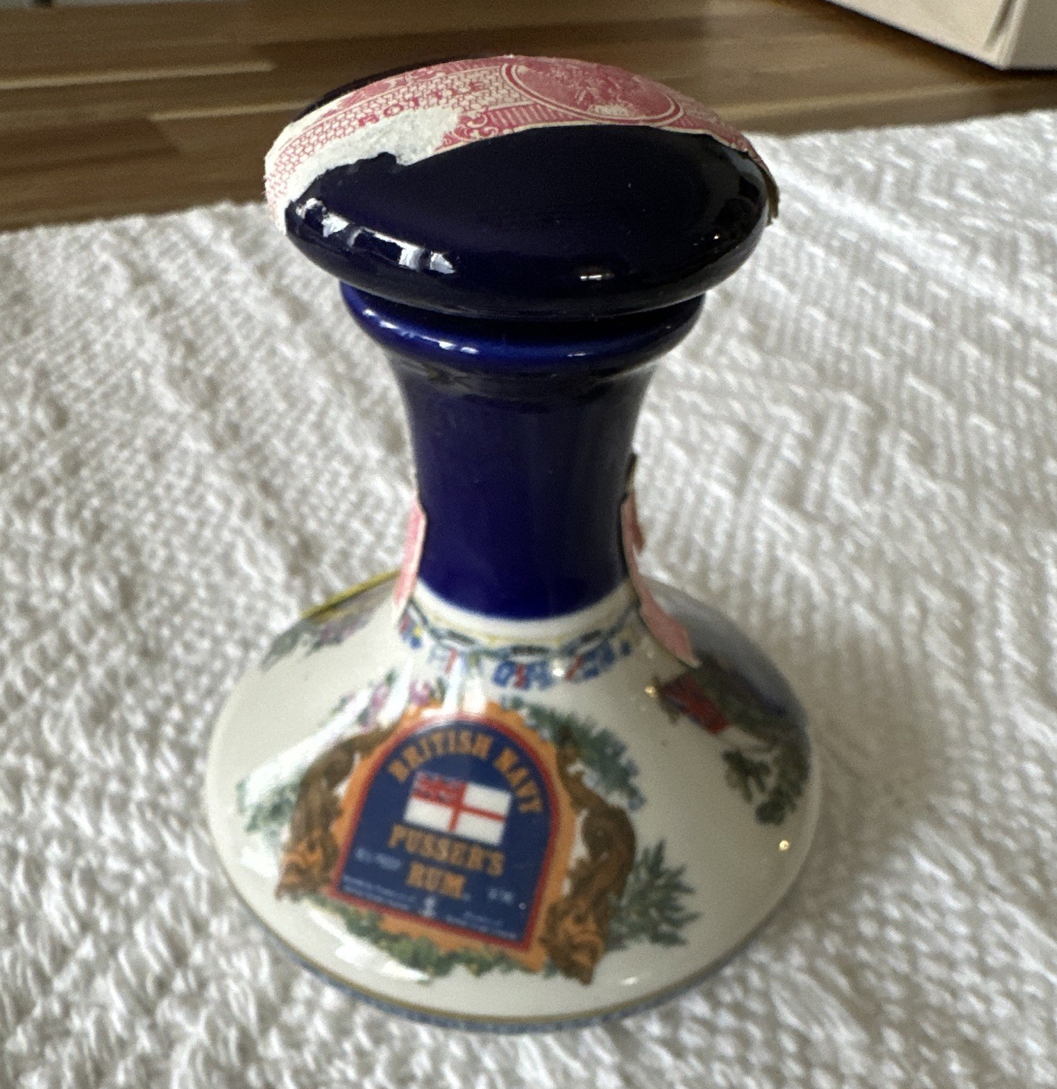 Pusser\'s Rum British Navy Ceramic Bottle/Decanter w/ Cork Stopper Blue/White