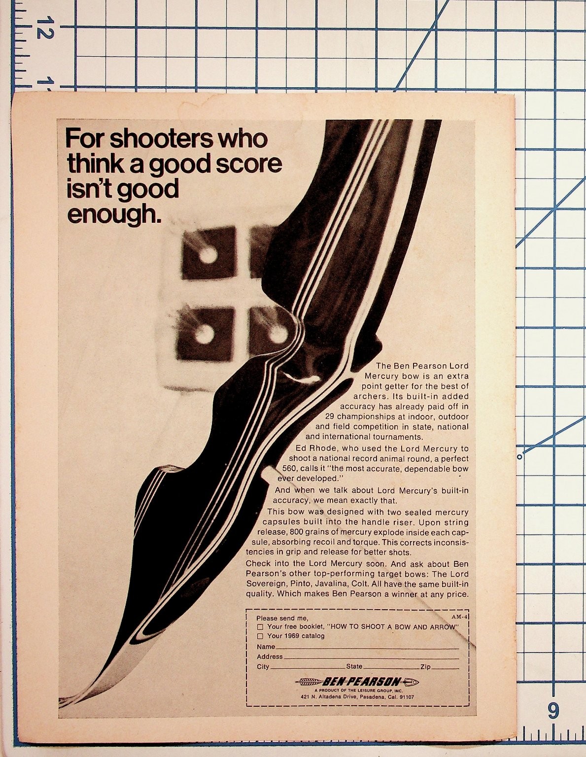 Vintage 1969 Ben Pearson Lord Mercury Archery Bow Magazine Ad Pasadena CA
