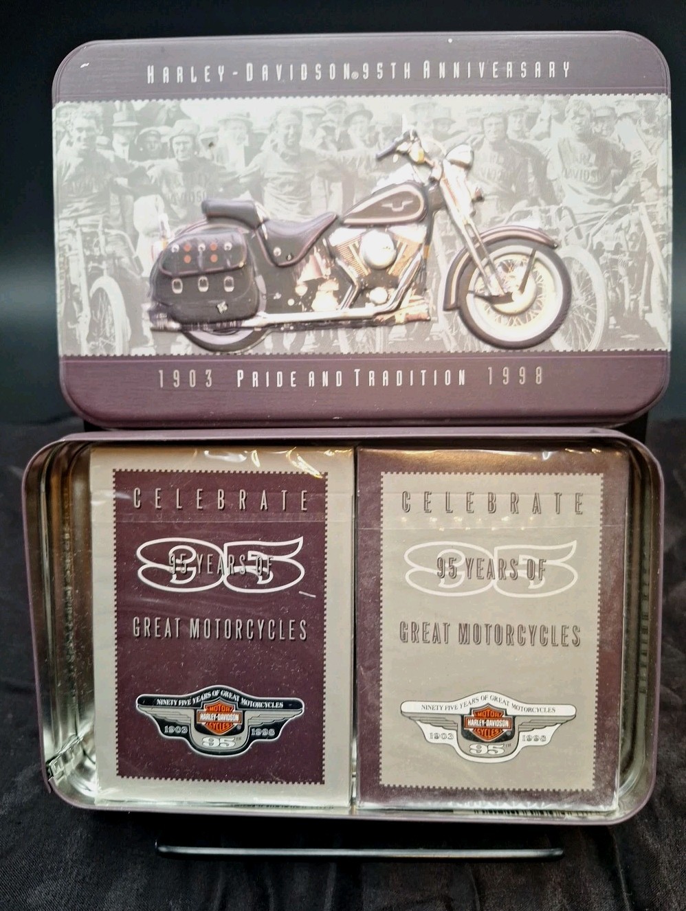 Vtg Harley Davidson 95th Anniversary Collector\'s Tin W-2 Decks Sealed Cards 