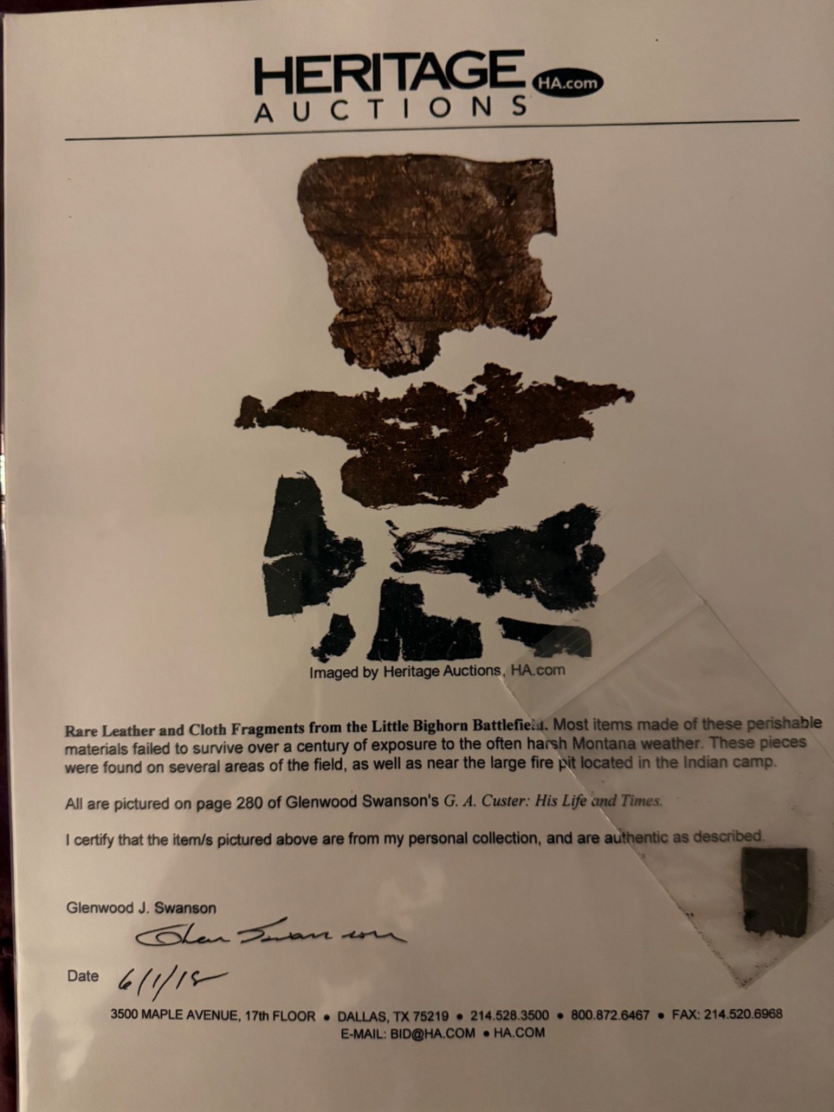 LITTLE BIGHORN/CUSTERS LAST STAND ARTIFACT with HERITAGE AUCTIONS provenance
