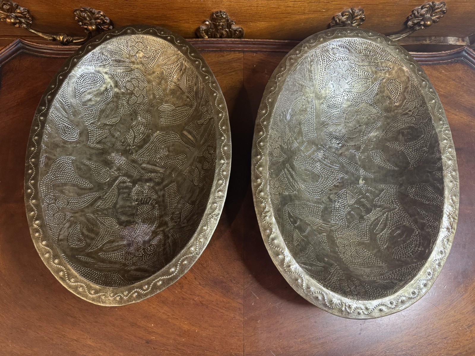 VTG Haitian Recycled Steel Metal Art Bowls Pair Hand Hammered Folk Repoussé