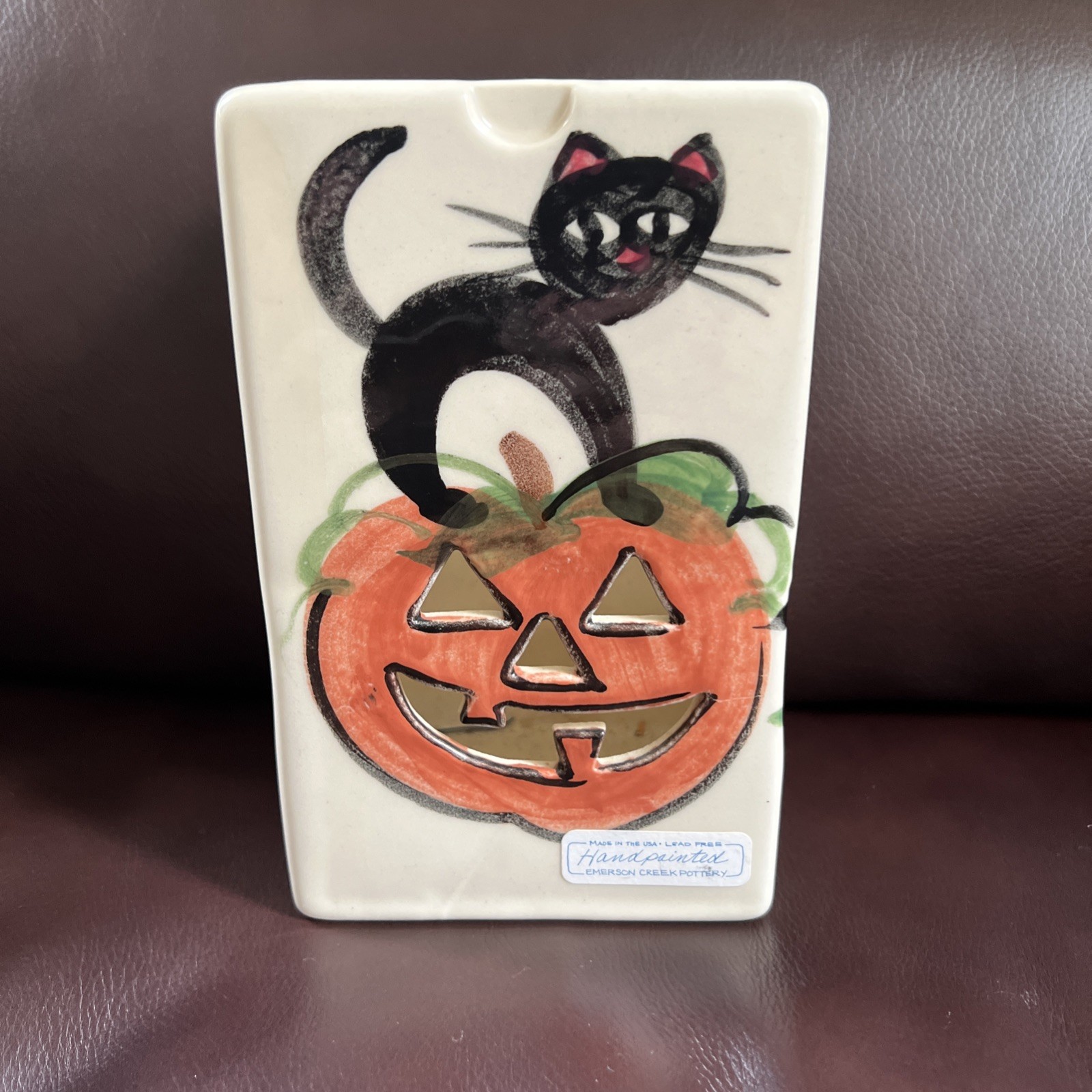 Vintage 1999 EMERSON CREEK POTTERY Halloween Pumpkin Black Cat Candle Votive HTF