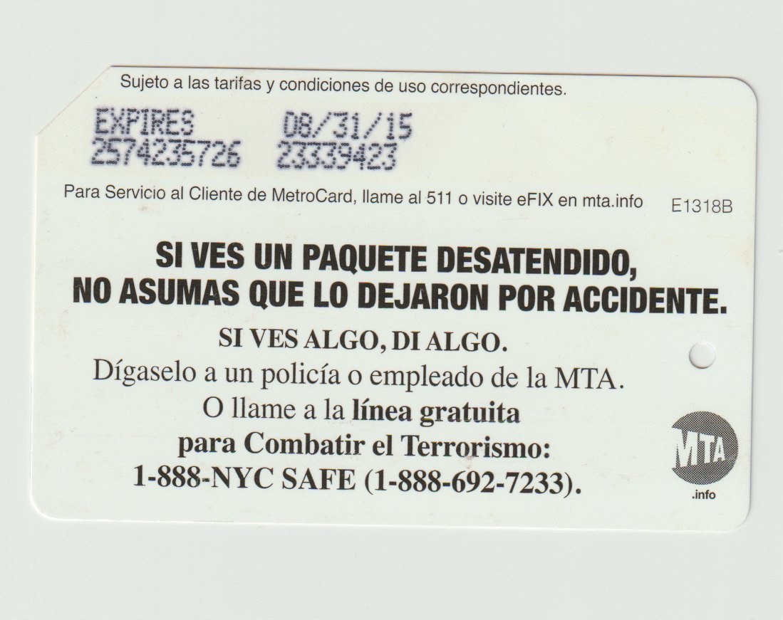 Metrocard if you see something .. New York Transit subway card Spanish Version