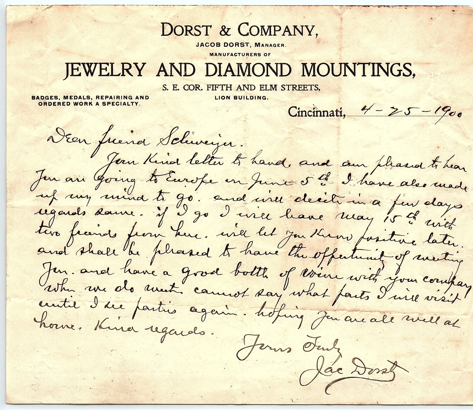 1900 Dorst & Co. Cincinnati Jewelry letter & letterhead