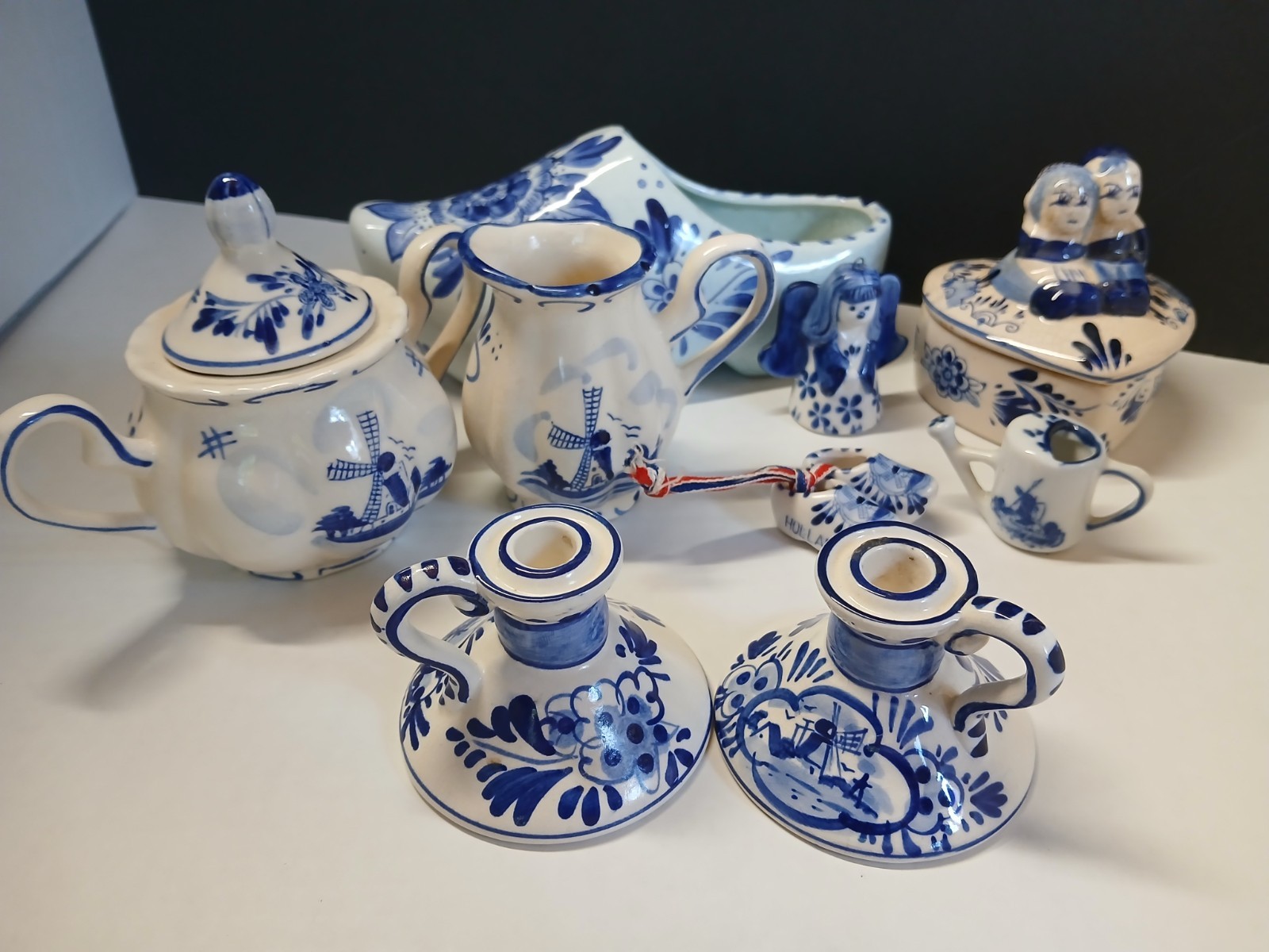Delft Blue Hand Painted Lot Dish Shoes Candlestick Creamer Sugar Miniatures