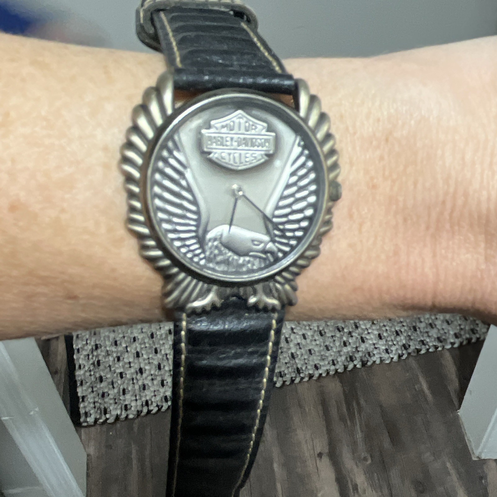 Harley-Davidson Bulova Wristwatch Black Leather Band Eagle Wings Face