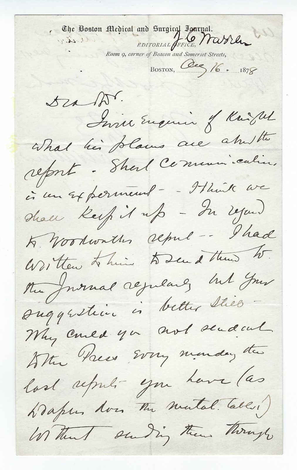 1878 Boston Medical + Surgical Journal LETTER SIGNED Dr. John Collins Warren II
