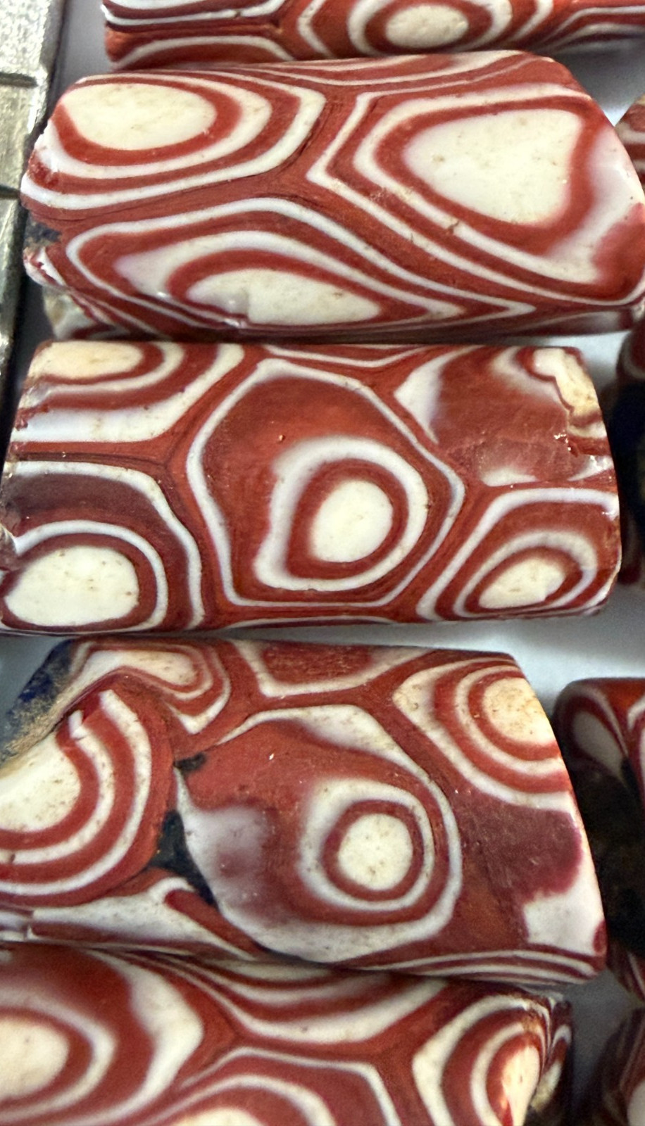 Authentic Antique 19thC Venetian Red Skunk Chevron Slices Diagonal Cuts 17pc 