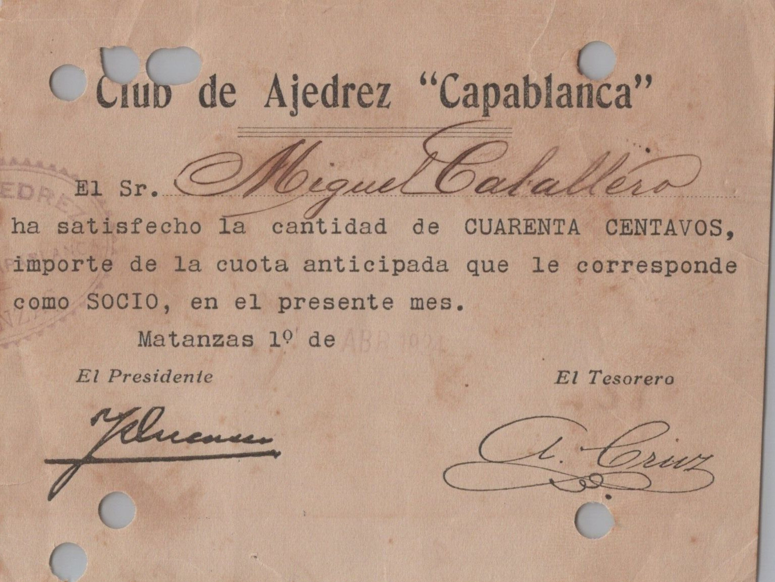RARE CHESS CLUB JOSE RAUL CAPABLANCA 1944 MONTHLY QUOTE DOCUMENT ORIGINAL