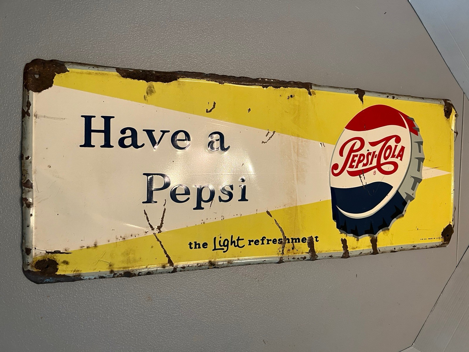 Rare 1950’s “Have A Pepsi” Embossed Bottle Cap Metal Horizontal Sign Vintage