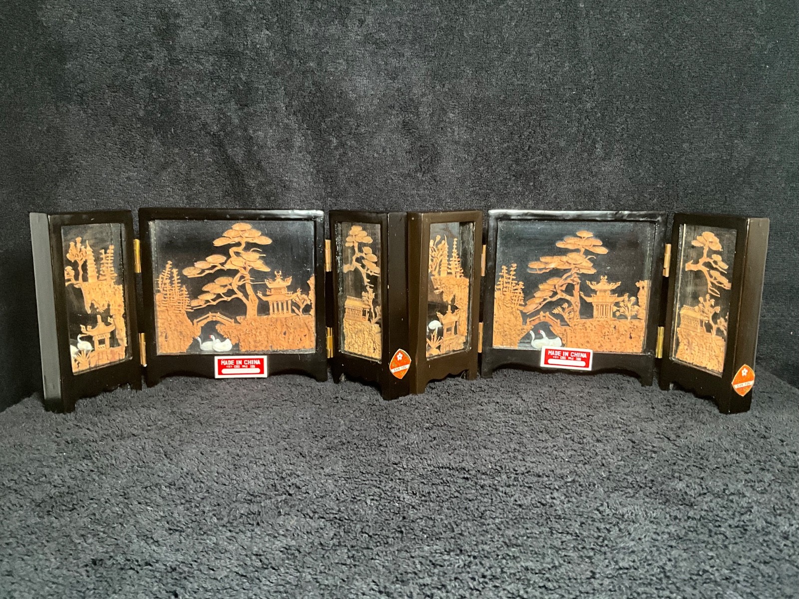 2x-VTG SAN YOU Tri-Fold Oriental Hand Carved Cork Pagoda Diorama w Cranes