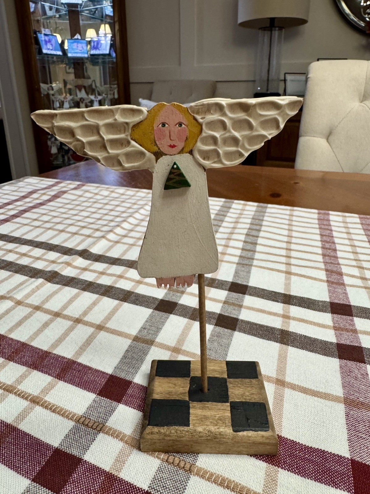 Nancy Thomas Vintage Wooden Angel W/ Christmas Tree On Stand~ Signed & Dated 