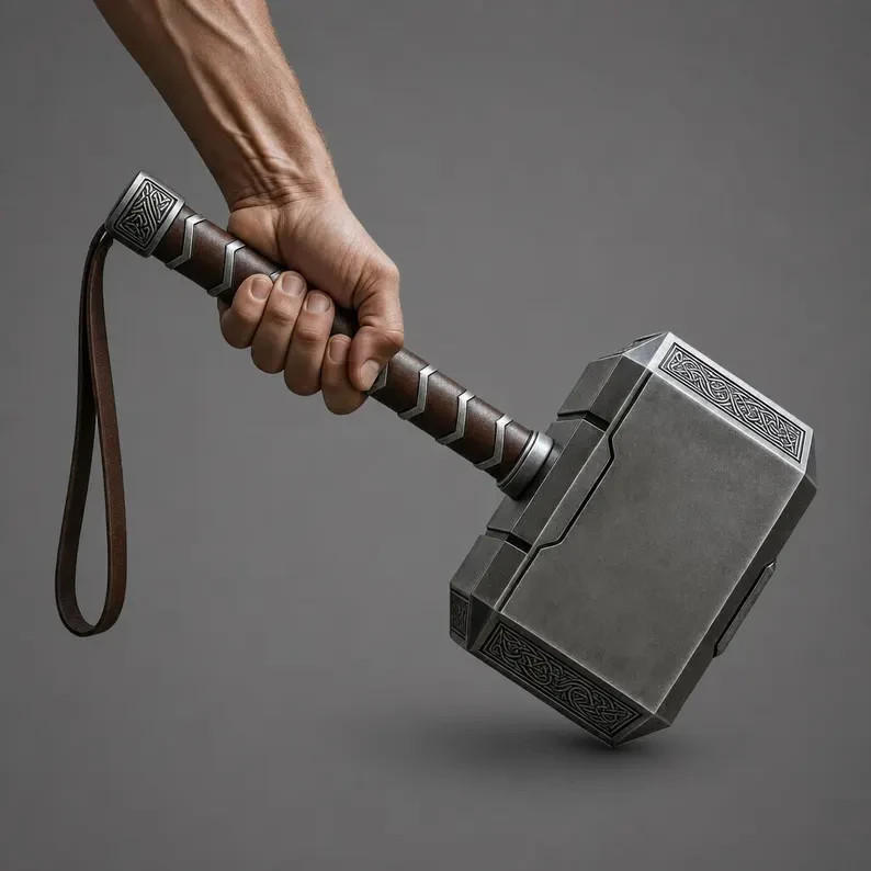 Metal Thor Mjolnir Hammer Replica with Leather Grip – Norse Mythology Cosplay