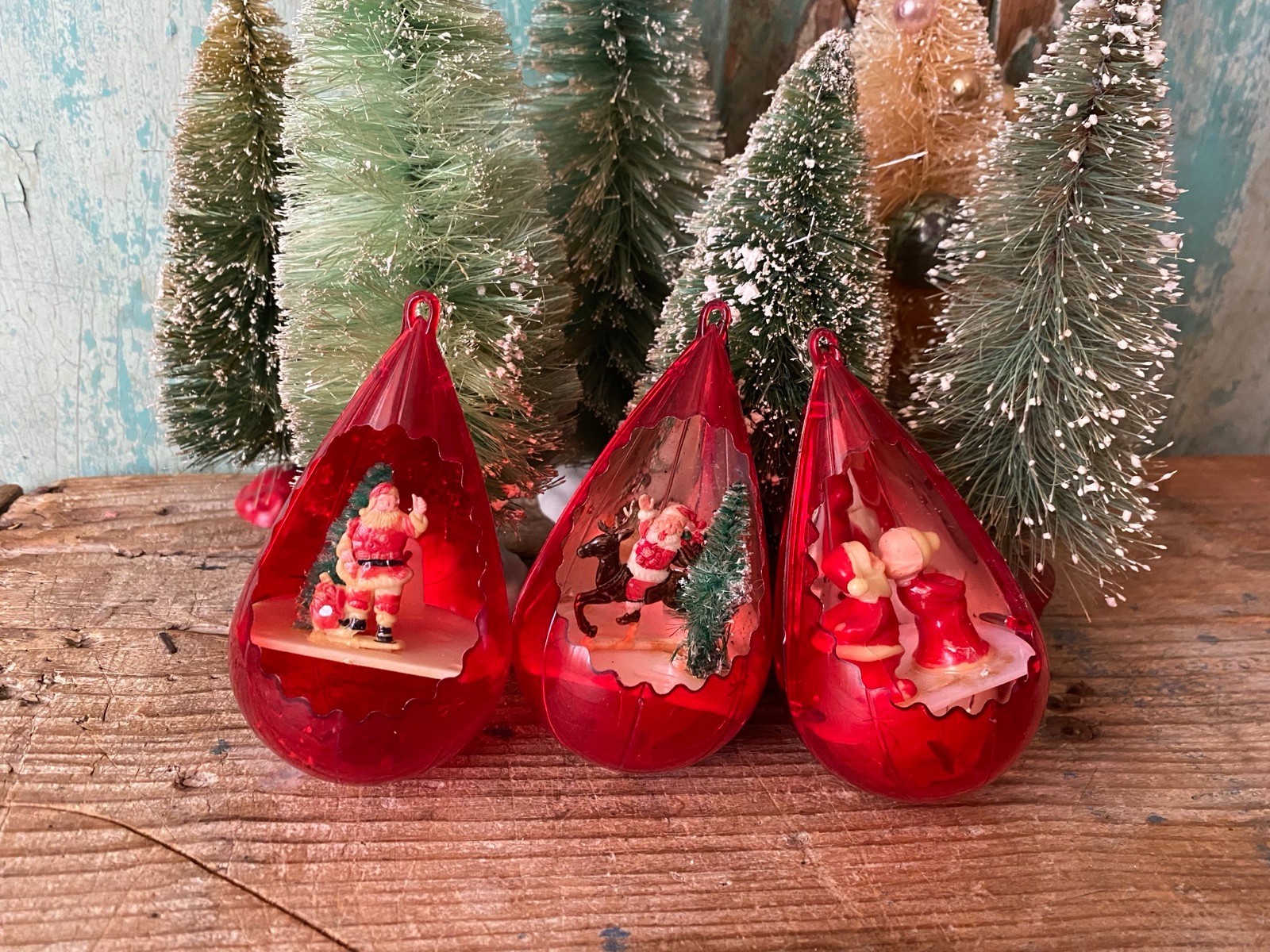 Vintage Jewel Brite Teardrop Diorama Christmas Ornaments Lot of 3 Santa Red MCM