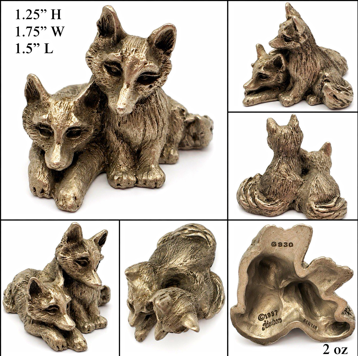 Vintage 1987 Hudson Pewter G930 Pair Resting Foxes Miniature Figurine