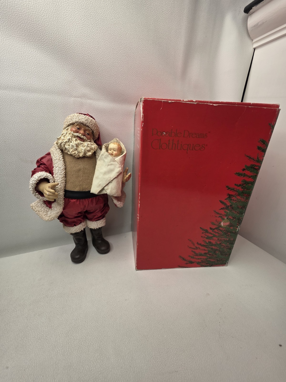 Vintage 1988 Possible Dreams Clothtique Baby's First Christmas Santa w/ Baby Box