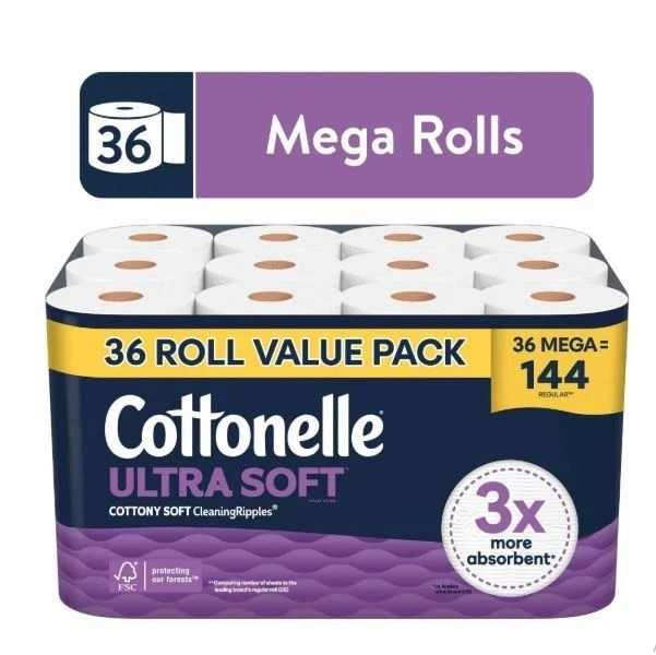 Cottonelle Ultra Soft Toilet Paper, Strong Toilet Tissue, 36 Mega Rolls