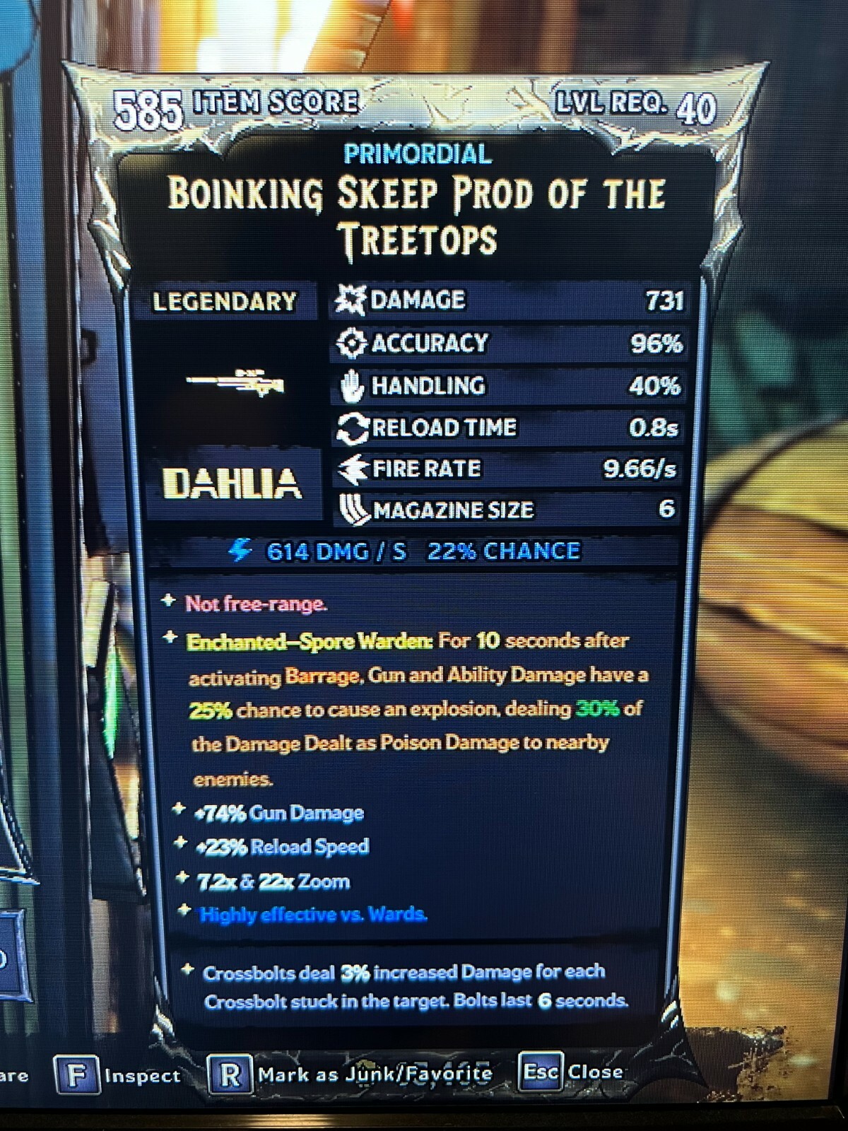 PS/XBOX/PC Tiny Tina's Wonderlands SPORE WARDEN ASCENDED LVL 40 ENCHANTED GEAR