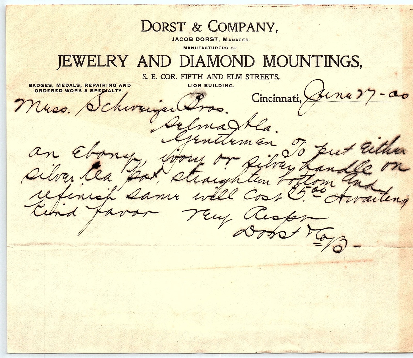 1900 Dorst & Co. Cincinnati Jeweler Letterhead - Repairs